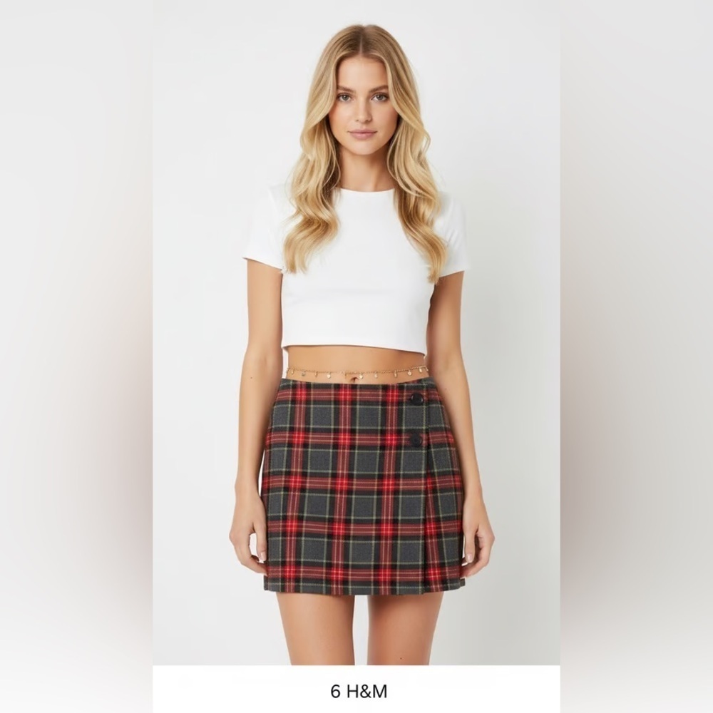 Red and black plaid wool texture wrap skirt with button detail 6 H&M